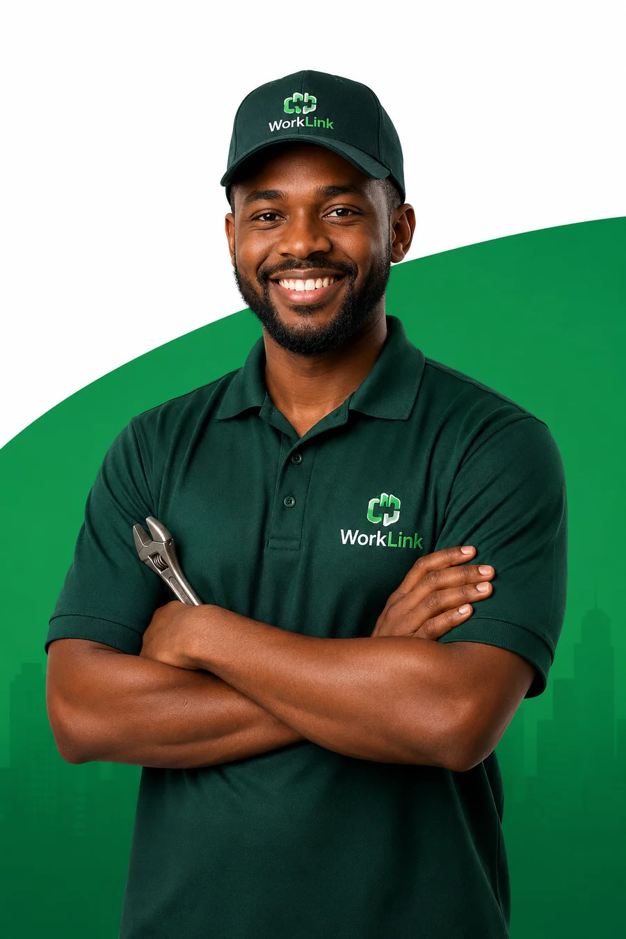WorkLink promotional artwork showing a service professional holding a wrench